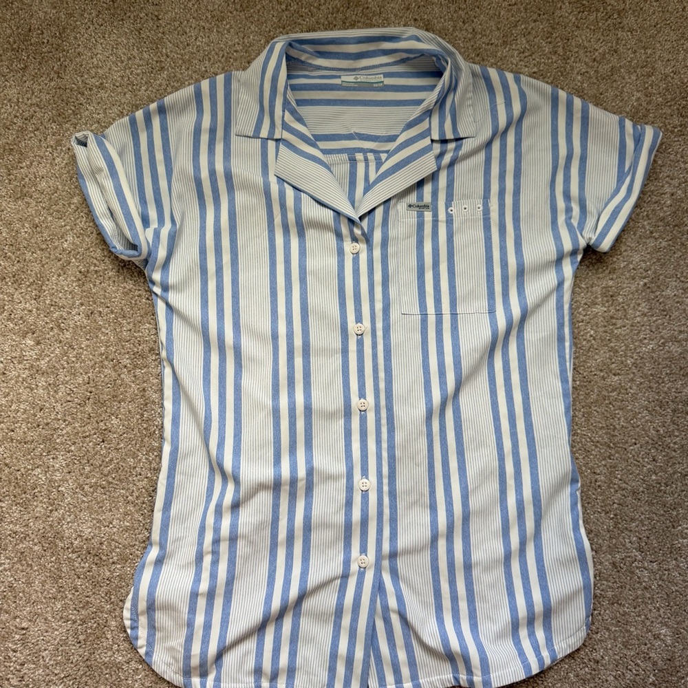 Columbia Women's Blue and White Striped Button Down Shirt